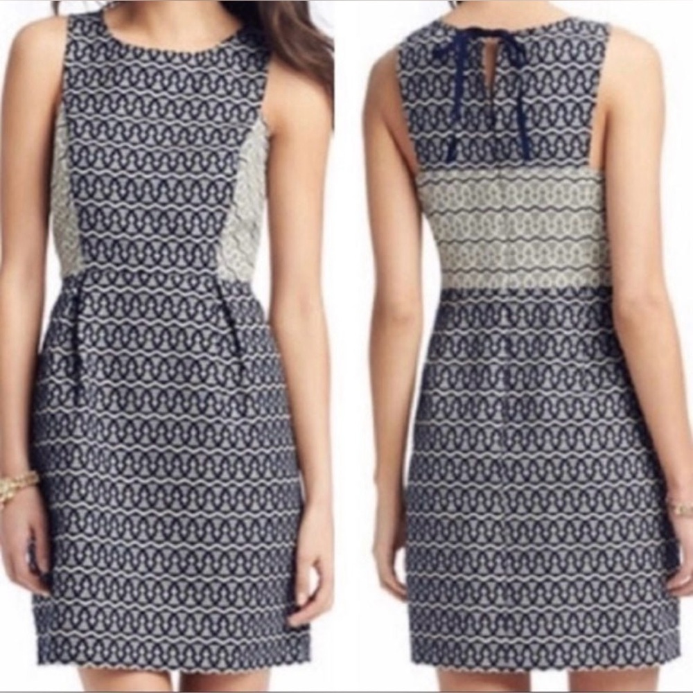 LOFT Navy and White Sleeveless Mini Dress with Lace Insets